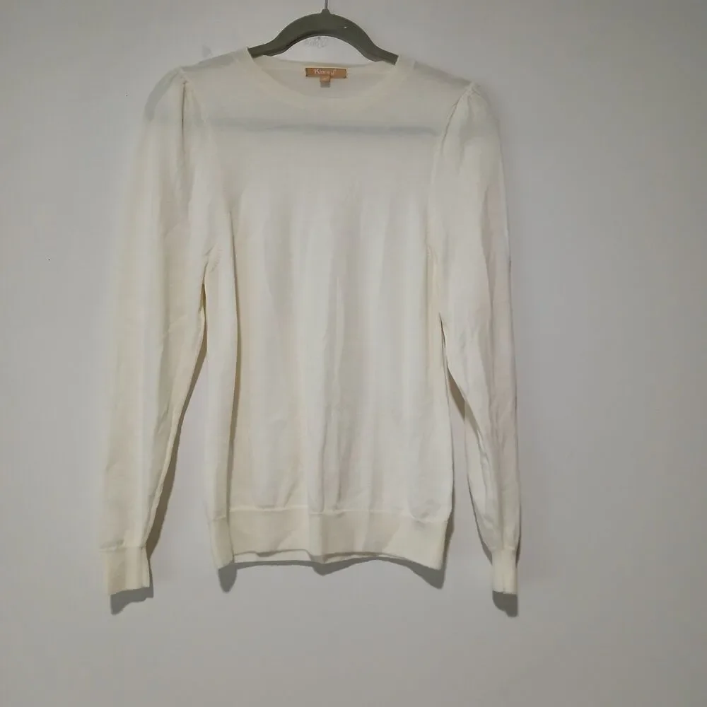 Kier & J Long Sleeve Pullover Knit Sweater 100% Wool Thin Delicate Classic Cream